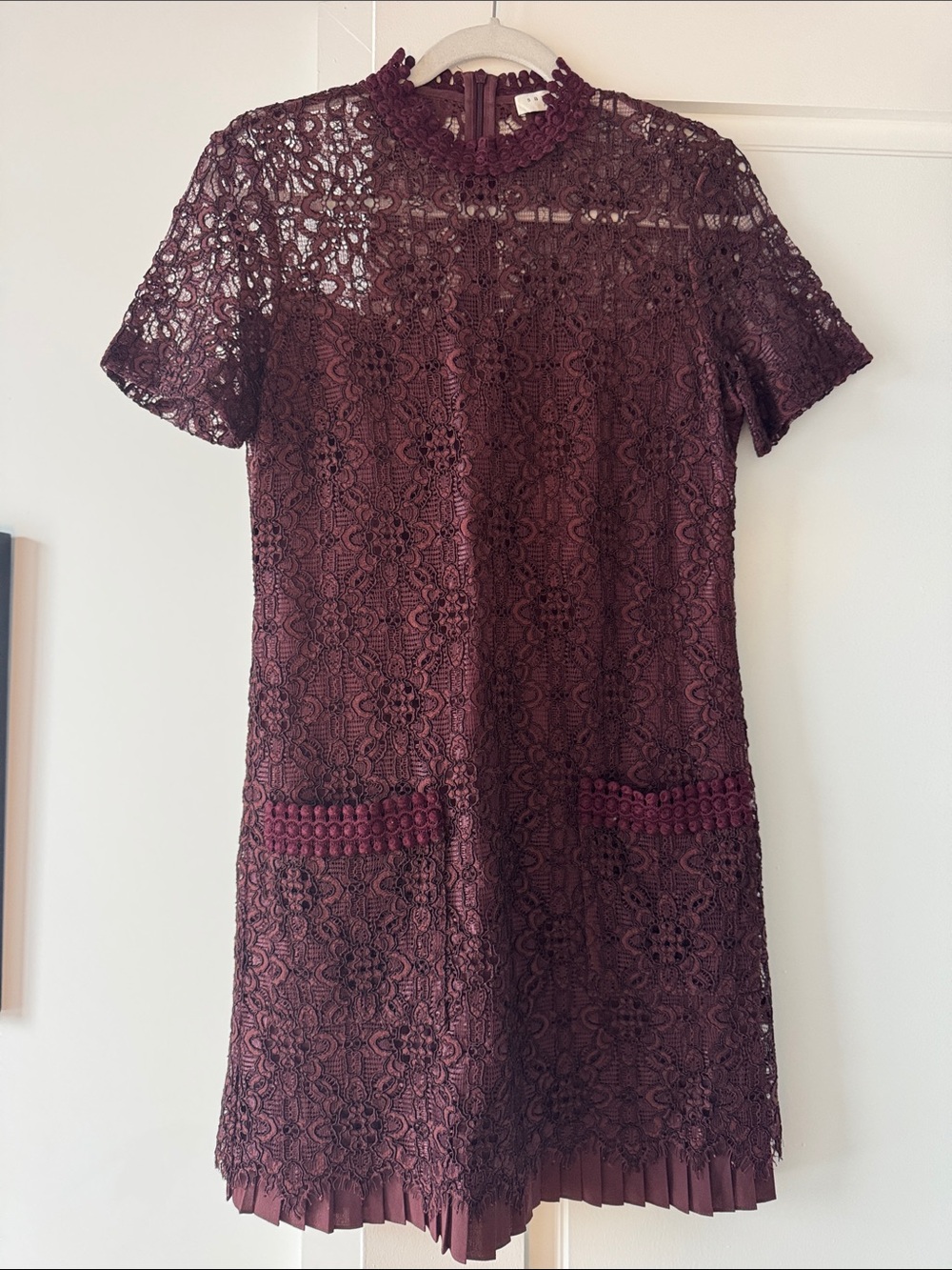 Lace Pleated-Hem Dress in Burgundy